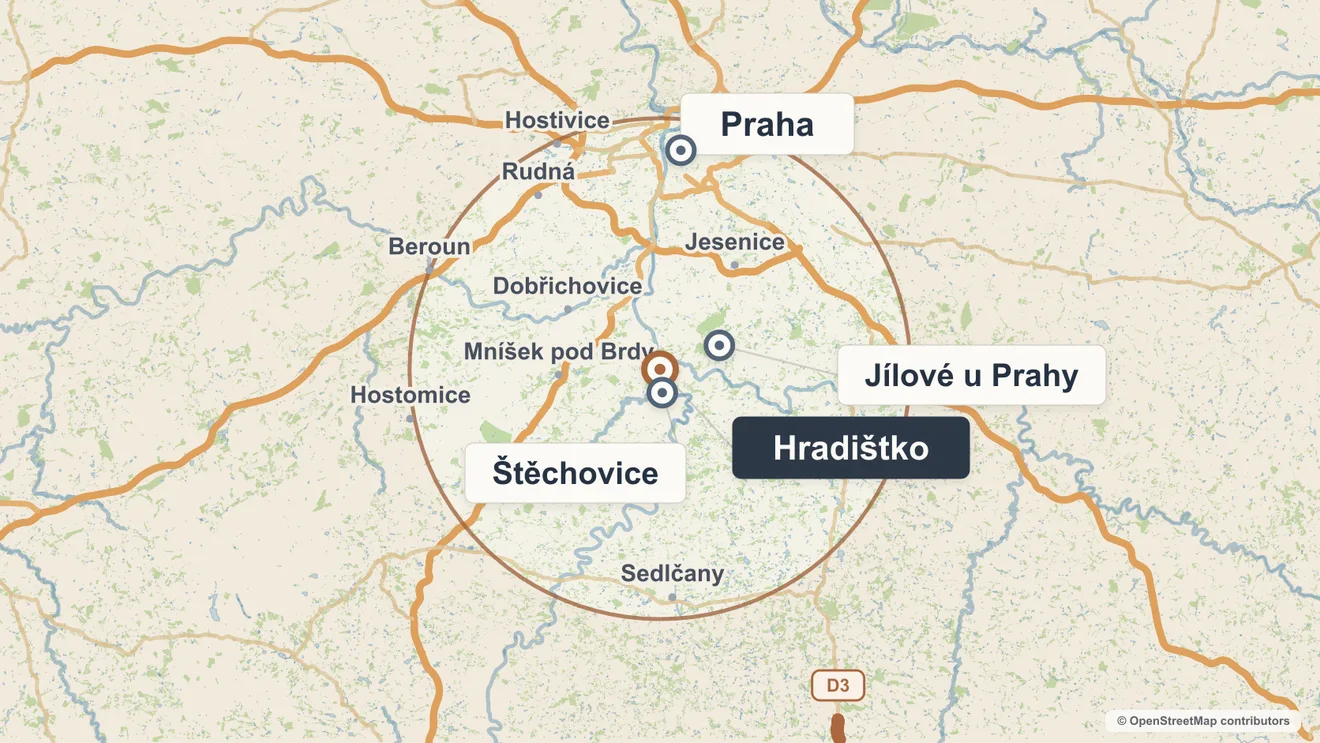 Mapa působnosti stavební firmy Chitussi-6: Praha-západ, Praha-východ a Středočeský kraj