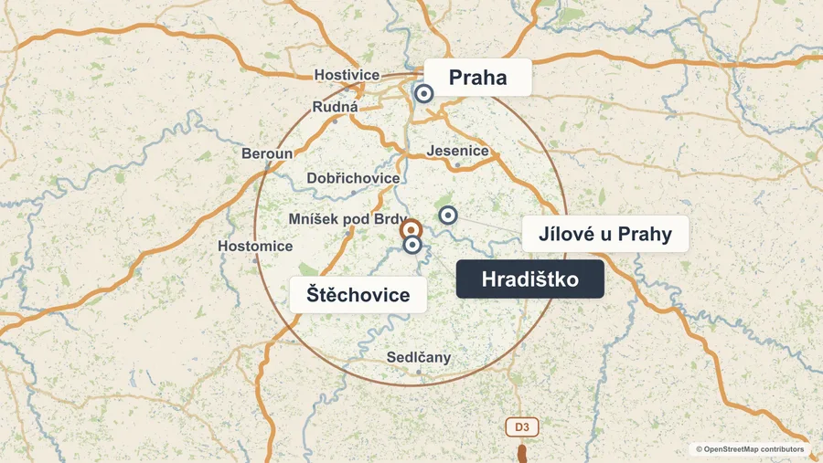Mapa oblasti působnosti kolem Hradištka a Prahy